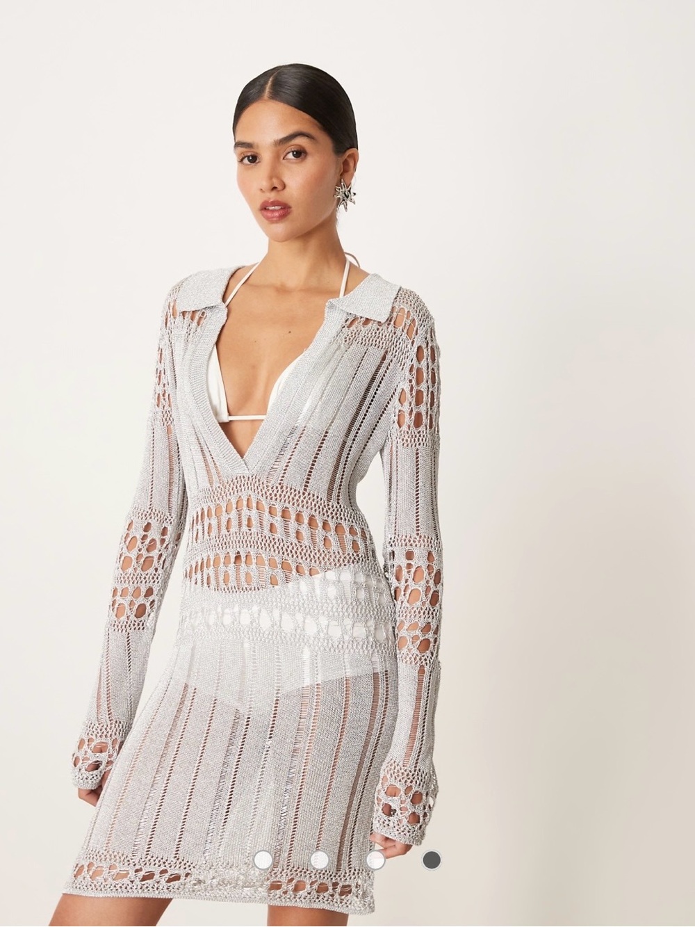 Mango Silver Open-Knit V-Neck Swim Coverup